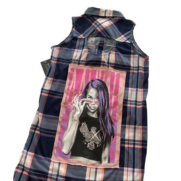 Via Penny Lane Reworked Apparel | Aaliyah Graphic Plaid Button Down Shirt Small - Picture 8 of 10